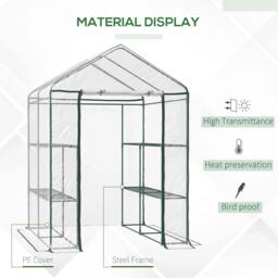 Rackhams Walk in Greenhouse with 3-Tier 8 Shelves, Green House with Hemmed Cover, Roll-up Zipped Door, Steel Frame, 143 x 143 x 195cm - transparent - thumbnail 4
