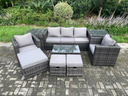 Rackhams 8 Seater Rattan Garden Furniture Set Outdoor Patio Sofa Set with 2 Armchairs 2 Side Tables Oblong Table 3 Footstools Dark Grey Mixed - thumbnail 1
