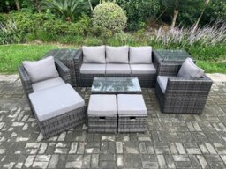 Rackhams 8 Seater Rattan Garden Furniture Set Outdoor Patio Sofa Set with 2 Armchairs 2 Side Tables Oblong Table 3 Footstools Dark Grey Mixed - thumbnail 2