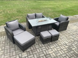 Rackhams Rattan Garden Furniture Set Outdoor Patio Gas Fire Pit Dining Table and Chairs with Love seat Sofa 3 Footstools - thumbnail 2