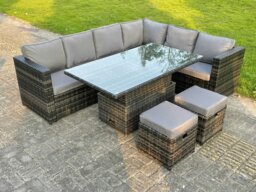 Rackhams 8 Seater Rattan Garden Furniture Set with Corner Sofa, Adjustable Dining Or Coffee Table, 2 Footstools - Dark Grey - thumbnail 2