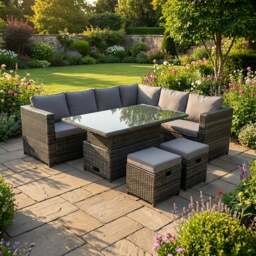 Rackhams 8 Seater Rattan Garden Furniture Set with Corner Sofa, Adjustable Dining Or Coffee Table, 2 Footstools - Dark Grey