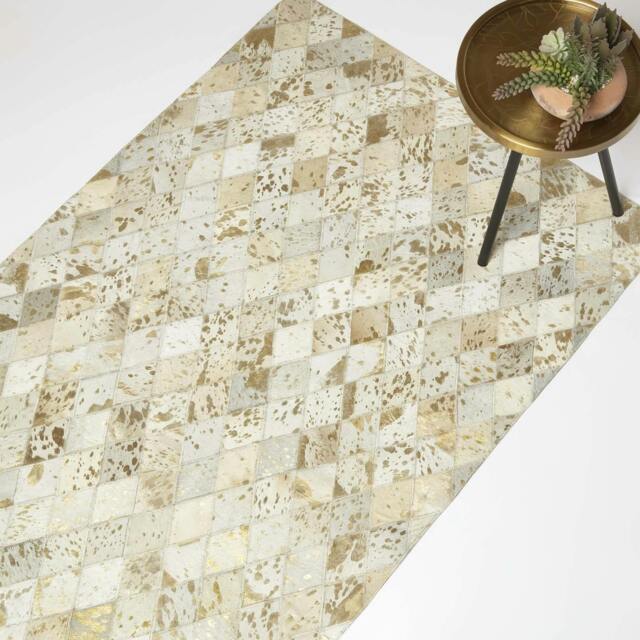 Rackhams Gold & Grey Geometric Diamond Leather Rug, 90 x 150 cm - image 1