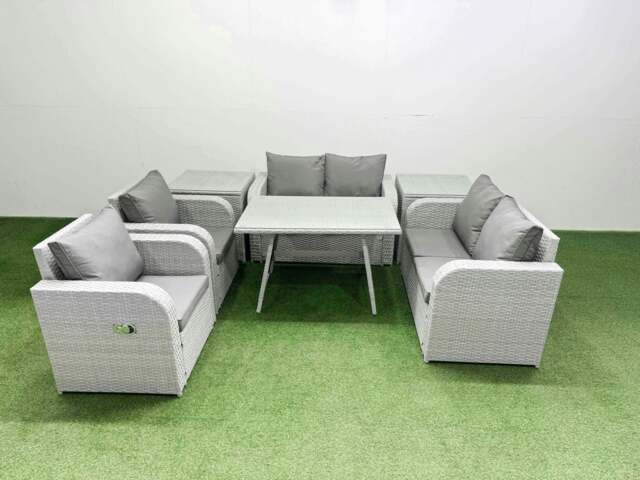 Rackhams 6 Seater Rattan Garden Furniture Set Outdoor Love Sofa Set with Rectangular Dining Table 2 Side Tables Light Grey - image 1