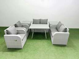 Rackhams 6 Seater Rattan Garden Furniture Set Outdoor Love Sofa Set with Rectangular Dining Table 2 Side Tables Light Grey - thumbnail 1