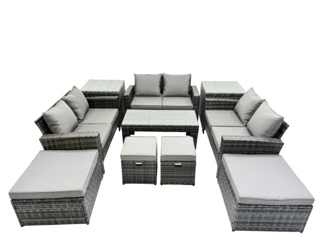 Rackhams Outdoor Love Sofa Set 10 Seat Rattan Garden Furniture Set with Oblong Coffee Table 4 Stools 2 Side Table Dark Grey Mixed - image 1