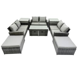 Rackhams Outdoor Love Sofa Set 10 Seat Rattan Garden Furniture Set with Oblong Coffee Table 4 Stools 2 Side Table Dark Grey Mixed - thumbnail 2