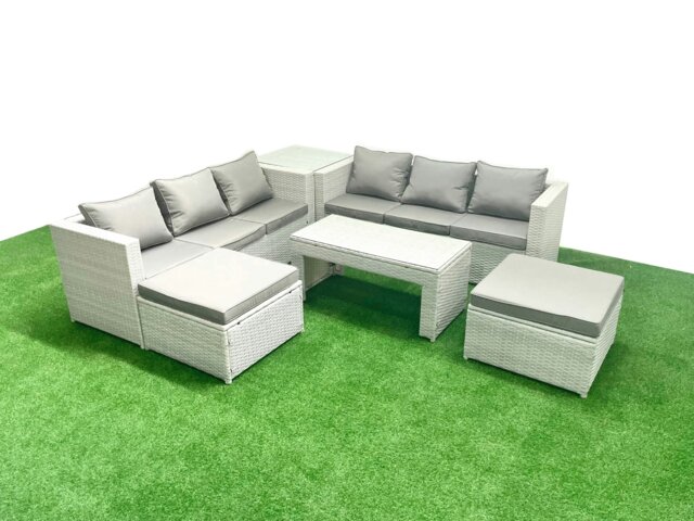 Rackhams 8 Seater Garden Outdoor Rattan Furniture Set Rattan Garden Sofa Oblong Coffee Table with 2 Big Footstools Side Table Light Grey Mixed - image 1