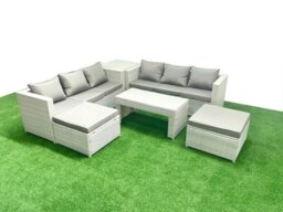 Rackhams 8 Seater Garden Outdoor Rattan Furniture Set Rattan Garden Sofa Oblong Coffee Table with 2 Big Footstools Side Table Light Grey Mixed - thumbnail 2