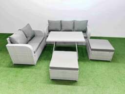 Rackhams Outdoor PE Rattan Garden Furniture Set Rectangular Dining Table Sofa Set with 2 Big Stool Light Grey - thumbnail 1