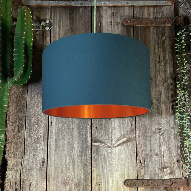 "Rackhams Petrol Blue Cotton Lampshade With Copper Foil Lining - 40cm Diameter x 23cm Height / (16"" x 9"")" - image 1