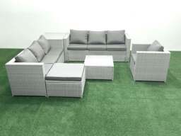 Rackhams Wicker PE Rattan Sofa Garden Furniture Set with Armchair Square Coffee Table Big Footstool Side Table Light Grey Mixed - thumbnail 2