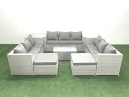 Rackhams Rattan Garden Outdoor Furniture Set 11 Seater Garden Sofa Coffee Table Set with 2 Big Footstools Side Table Light Grey Mixed