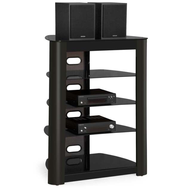 Rackhams Zinnia 5-Shelf Black Glass with Gloss Black Fascia Flat Screen TV/Hi-Fi/AV Rack Glass Stand - image 1