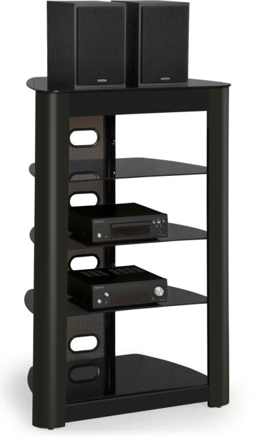 Rackhams Zinnia 5-Shelf Black Glass with Gloss Black Fascia Flat Screen TV/Hi-Fi/AV Rack Glass Stand - image 1