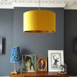 "Rackhams Mustard Yellow Silk Lampshade With Gold Lining - 25cm Diameter x 25cm Height / (10"" x 10"")" - thumbnail 1