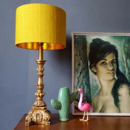 "Rackhams Mustard Yellow Silk Lampshade With Gold Lining - 25cm Diameter x 25cm Height / (10"" x 10"")" - thumbnail 3