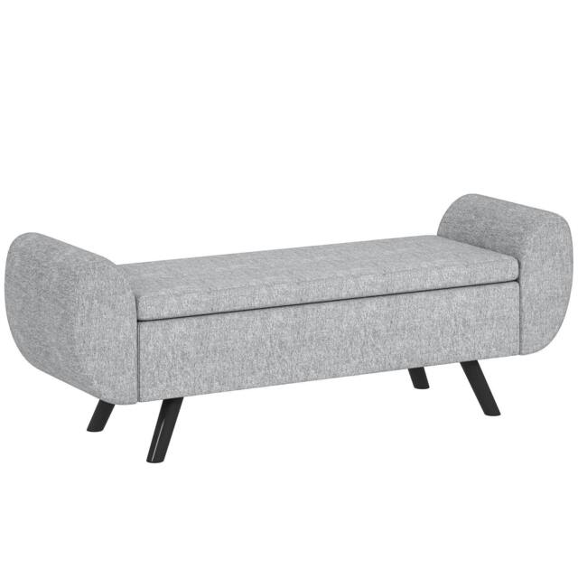 Rackhams Storage Ottoman with Armrest, Upholstered Linen Storage Bench, Window Seat with Rubberwood Legs, Footstool for Bedroom Living Room, Hallway, Dark Grey
