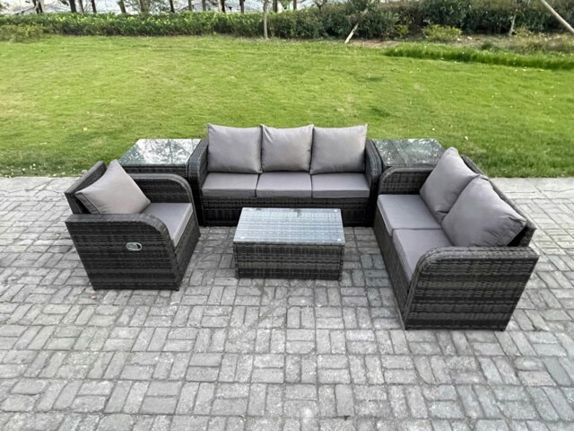 Rackhams 6-Seater Outdoor Wicker Rattan Sofa Set - Rectangular Coffee Table, Reclining Chair, 3-Seater Sofa, 2 Side Tables - image 1
