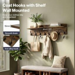 Rackhams Wall Coat Rack 2 PCS 8 Hooks Wall Mounted Heavy Duty Wooden Organiser - thumbnail 4