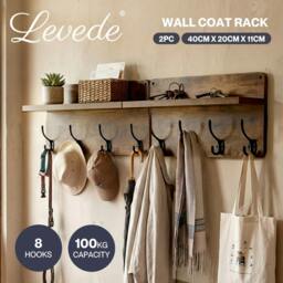 Rackhams Wall Coat Rack 2 PCS 8 Hooks Wall Mounted Heavy Duty Wooden Organiser - thumbnail 2