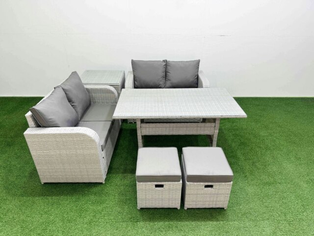 Rackhams 6 Seater Outdoor Love Sofa Set Rattan Garden Furniture Set with Rectangular Dining Table 2 Small Stools Side Table Light Grey - image 1