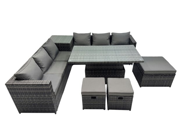 Rackhams 9 Seater Outdoor Corner Sofa Height Adjustable Rising Lifting Table Set Garden Rattan Furniture Set with 3 Stools Side Table Dark Grey - image 1
