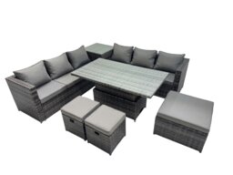 Rackhams 9 Seater Outdoor Corner Sofa Height Adjustable Rising Lifting Table Set Garden Rattan Furniture Set with 3 Stools Side Table Dark Grey - thumbnail 2