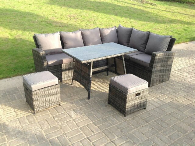 Rackhams High Back Rattan Corner Sofa Set Dining Table Outdoor Furniture Dark Grey Mixed Right Option - image 1
