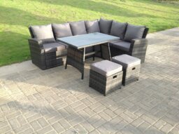 Rackhams High Back Rattan Corner Sofa Set Dining Table Outdoor Furniture Dark Grey Mixed Right Option - thumbnail 3