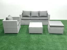 Rackhams 5 Seater Rattan Garden Furniture Set with 3 Seater Sofa Chair Square Coffee Table Big Footstool Light Grey Mixed - thumbnail 1