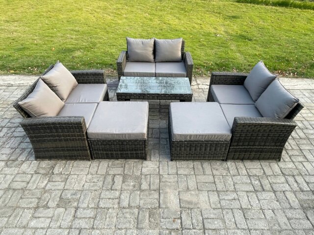 Rackhams 8 Seater High Back Rattan Garden Furniture Sofa Sets with Rectangular Coffee Table 2 Big Footstool Dark Grey Mixed - image 1