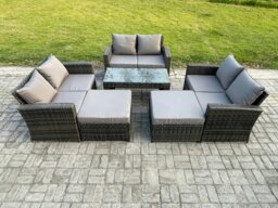 Rackhams 8 Seater High Back Rattan Garden Furniture Sofa Sets with Rectangular Coffee Table 2 Big Footstool Dark Grey Mixed - thumbnail 1