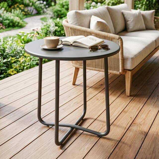 Rackhams Metal Garden Side Table, 48 cm Round Outdoor Table - Grey