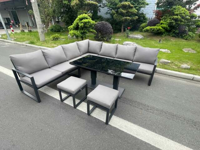 Rackhams Aluminium Outdoor Garden Furniture Corner Sofa Adjustable Rising Lifting Dining Table Sets Black Tempered Dark Grey 9 Seater