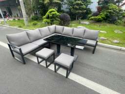 Rackhams Aluminium Outdoor Garden Furniture Corner Sofa Adjustable Rising Lifting Dining Table Sets Black Tempered Dark Grey 9 Seater - thumbnail 1