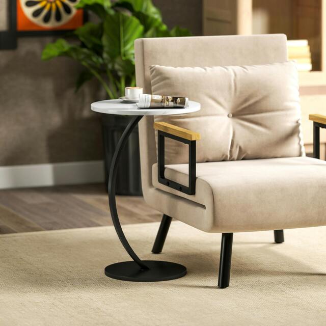 Rackhams C Shaped Side Table, Round Bedside Table w/ Marble Effect Top, White - Φ40 x 1.5 cm - Particleboard, metal - Side table - image 1
