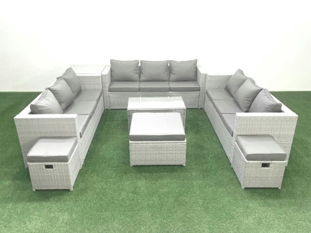 Rackhams Rattan Garden Outdoor Furniture Set 12 Seater Garden Sofa Coffee Table Set with 3 Footstools Side Table Light Grey Mixed - image 1