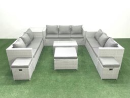 Rackhams Rattan Garden Outdoor Furniture Set 12 Seater Garden Sofa Coffee Table Set with 3 Footstools Side Table Light Grey Mixed - thumbnail 1