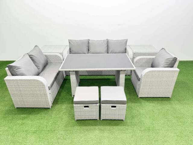 Rackhams Rattan Outdoor Table Reclining Chair Sofa Set with 2 Side Tables 2 Small Stools Light Grey 8 Seater - image 1