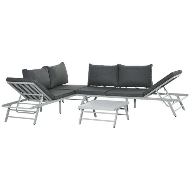 Rackhams 3 Pieces Garden Furniture Sets, 6 Seater Corner Sofa Set with Adjustable Backrest Chase Lounge with Slatted Metal Top Table, Padded Cushion, Grey - image 1