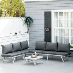 Rackhams 3 Pieces Garden Furniture Sets, 6 Seater Corner Sofa Set with Adjustable Backrest Chase Lounge with Slatted Metal Top Table, Padded Cushion, Grey - thumbnail 2