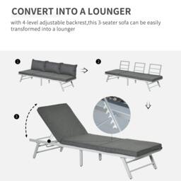 Rackhams 3 Pieces Garden Furniture Sets, 6 Seater Corner Sofa Set with Adjustable Backrest Chase Lounge with Slatted Metal Top Table, Padded Cushion, Grey - thumbnail 5
