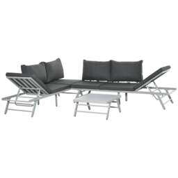 Rackhams 3 Pieces Garden Furniture Sets, 6 Seater Corner Sofa Set with Adjustable Backrest Chase Lounge with Slatted Metal Top Table, Padded Cushion, Grey - thumbnail 1