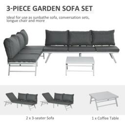 Rackhams 3 Pieces Garden Furniture Sets, 6 Seater Corner Sofa Set with Adjustable Backrest Chase Lounge with Slatted Metal Top Table, Padded Cushion, Grey - thumbnail 4