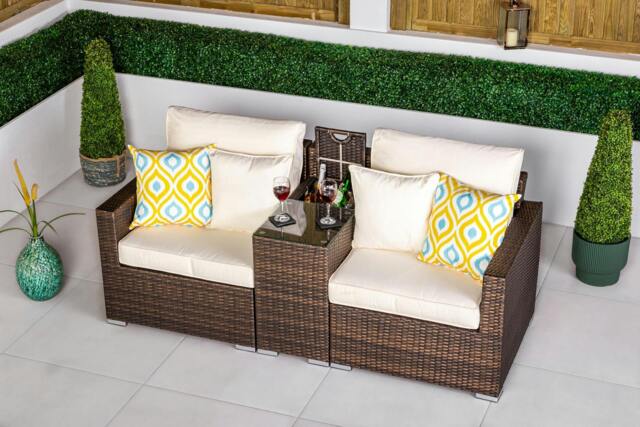 Rackhams Havana 2 Seat Modular Sofa Rattan Garden Bistro Balcony Furniture Set Outdoor Drinks Cooler Table - Brown - 1 - image 1
