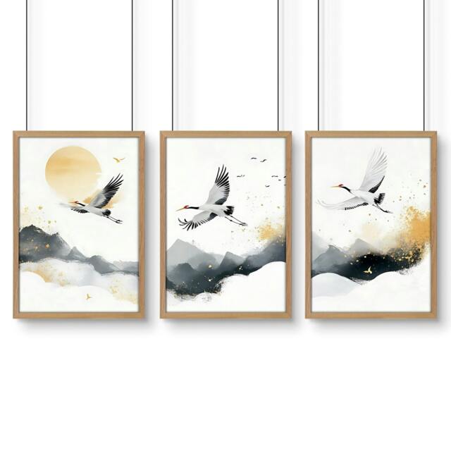 Rackhams Art For Huge Wall - Set of 3 Asian Inspired Wall art Prints - A2 16.54 x 23.39 in / 42 x 59.4 cm - Satin Photo paper 280 gsm - Oak Frame - image 1