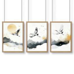 Rackhams Art For Huge Wall - Set of 3 Asian Inspired Wall art Prints - A2 16.54 x 23.39 in / 42 x 59.4 cm - Satin Photo paper 280 gsm - Oak Frame