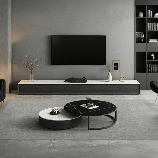 Rackhams Vasagle Living Room Set, Vasagle TV Stand With Coffee Table, Sintered Stone - Grey Tops - 220cm( Black Wood + White Top ) - No - image 1