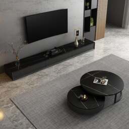 Rackhams Vasagle Living Room Set, Vasagle TV Stand With Coffee Table, Sintered Stone - Grey Tops - 220cm( Black Wood + White Top ) - No - thumbnail 3